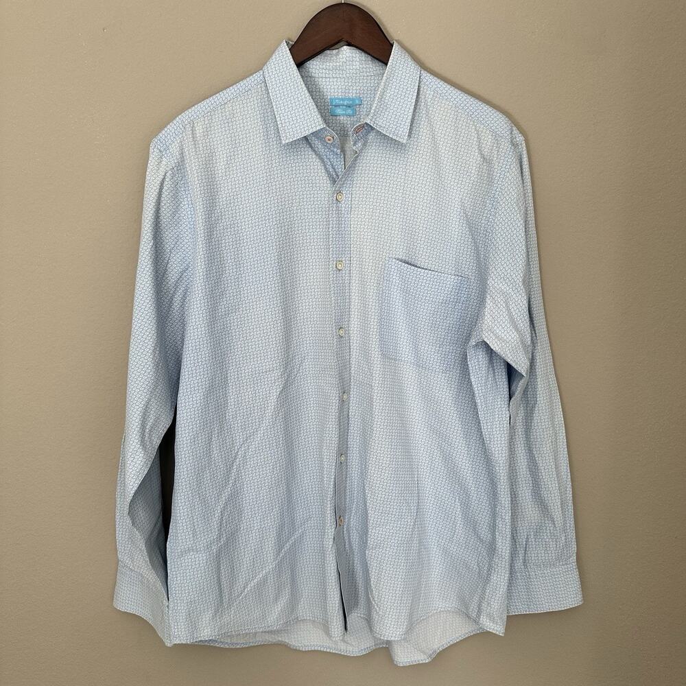J McLaughlin Blue Geometric Cotton Button Down Shirt XL Hamptons Preppy Coastal